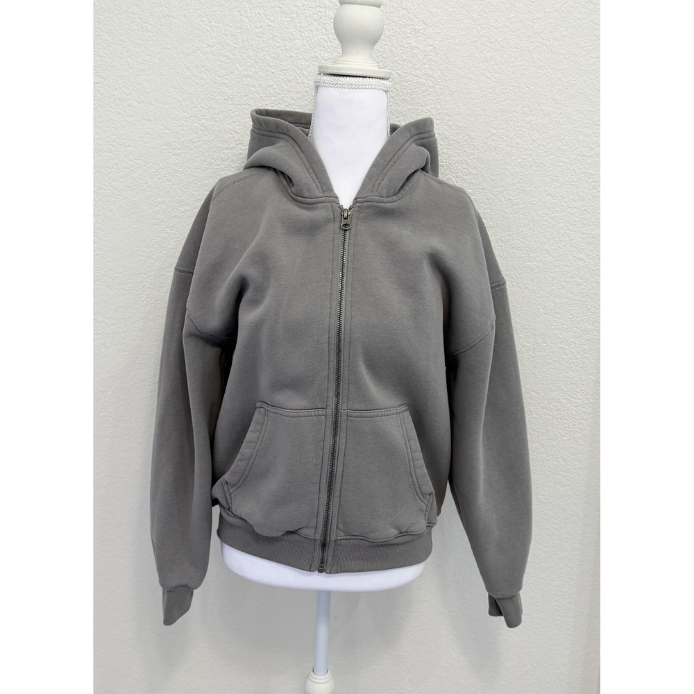 Hollister Boxy Fit Grey Full Zip Hoodie Sweatshirt Womens XS Logo Sleeve